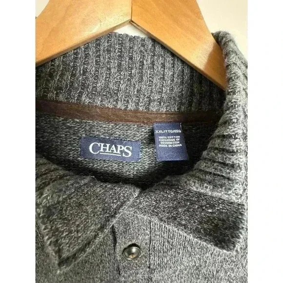 Chaps Grey + Brown Elbow Patch Mock Neck 100% Cotton Men's Pullover Sweater XXL - Picture 4 of 9